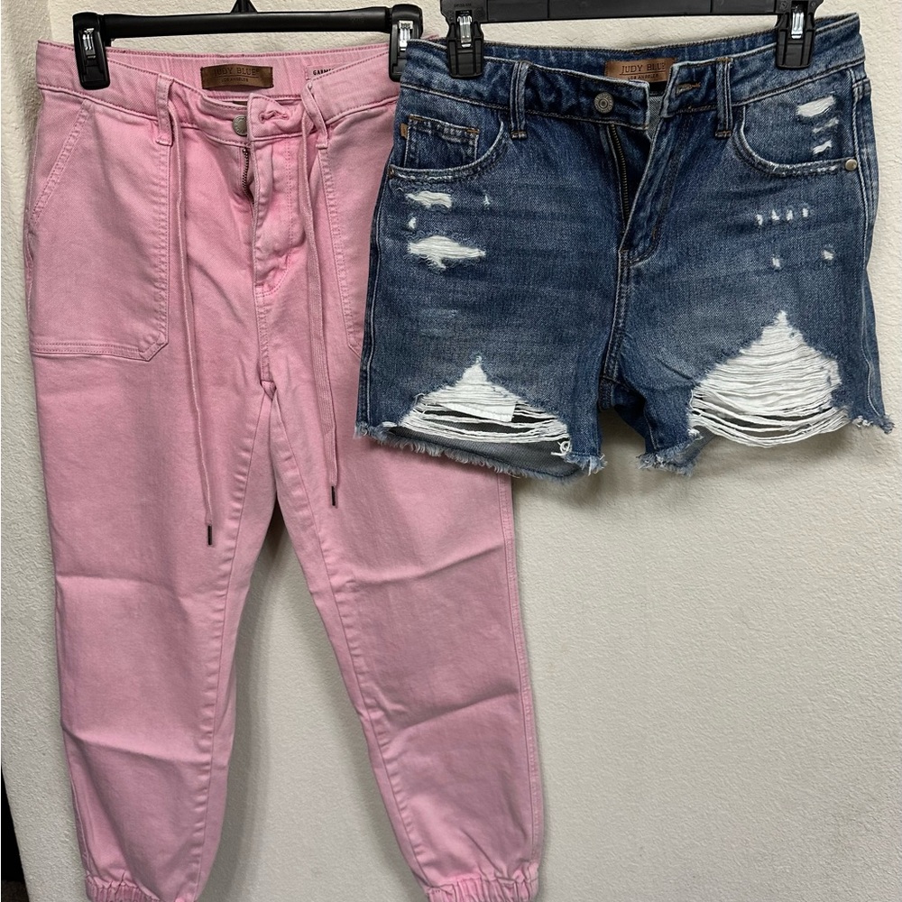 Judy Blue Pink High Rise Jogger Jeans & Distressed Blue Denim Shorts